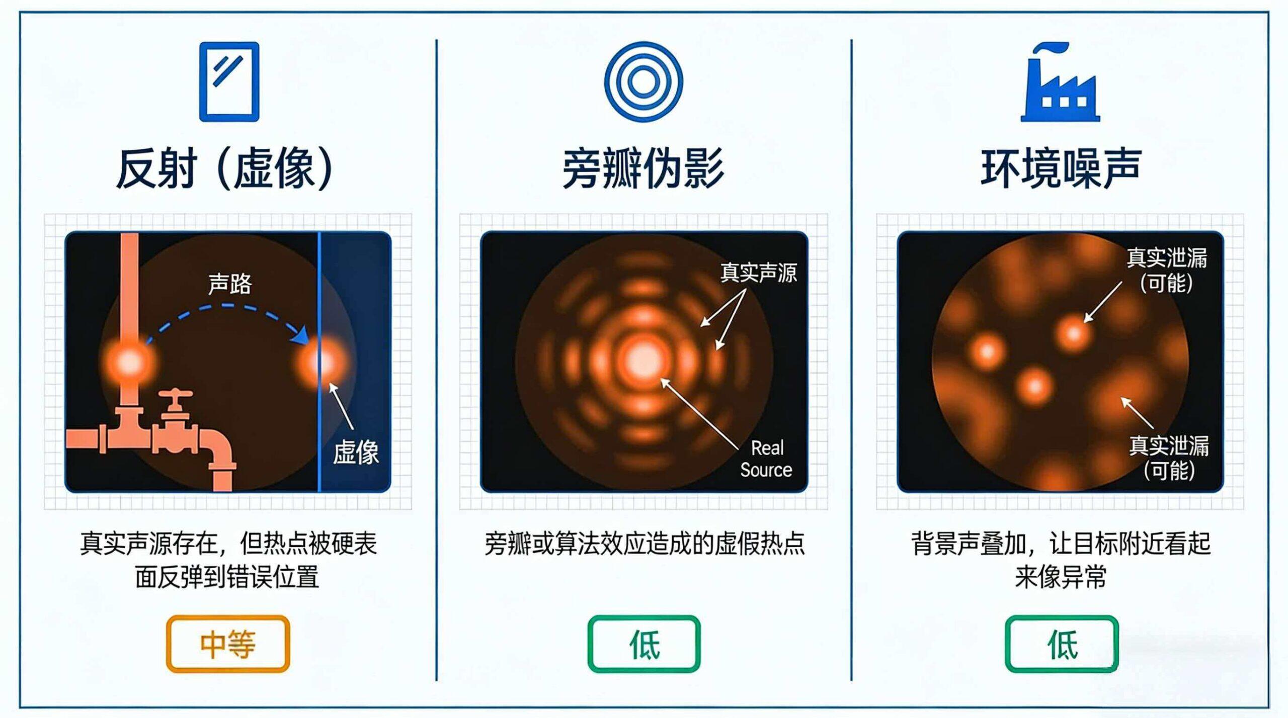 声学成像误报的三类常见来源：反射、伪影、环境噪声