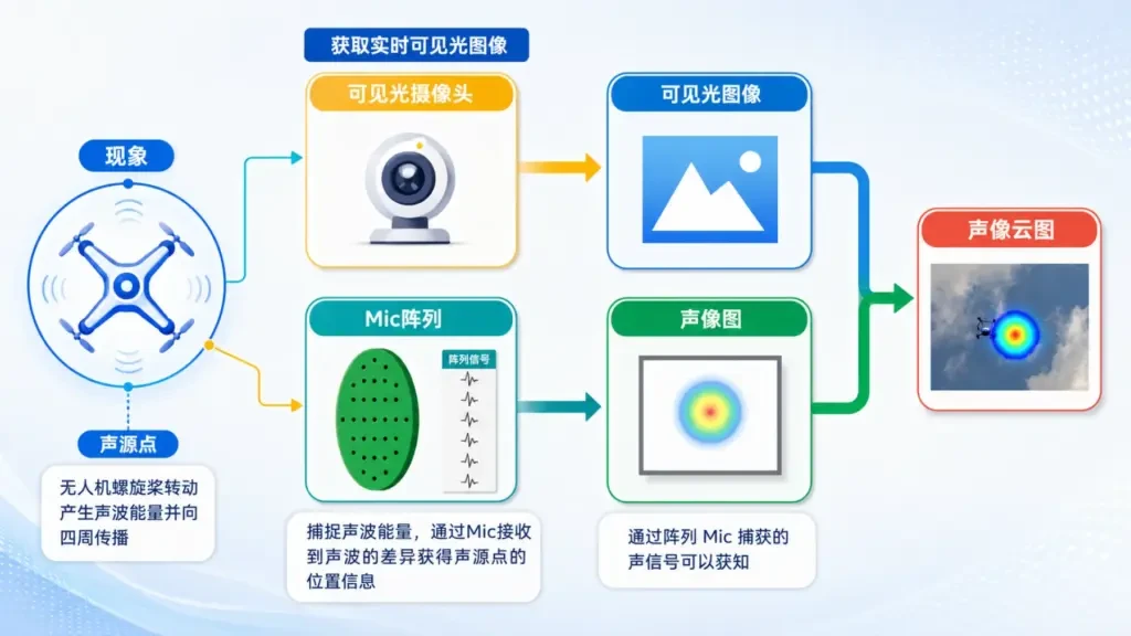 acoustic-drone-detection-principle - 兆华电子CRYSOUND:声学测试专家 - 测量美好声音 图片展示声学无人机探测原理,Mic阵列接收无人机桨叶声波信号并生成声像图,再与可见光图像融合形成声像云图,实现目标声源定位与可视化识别。