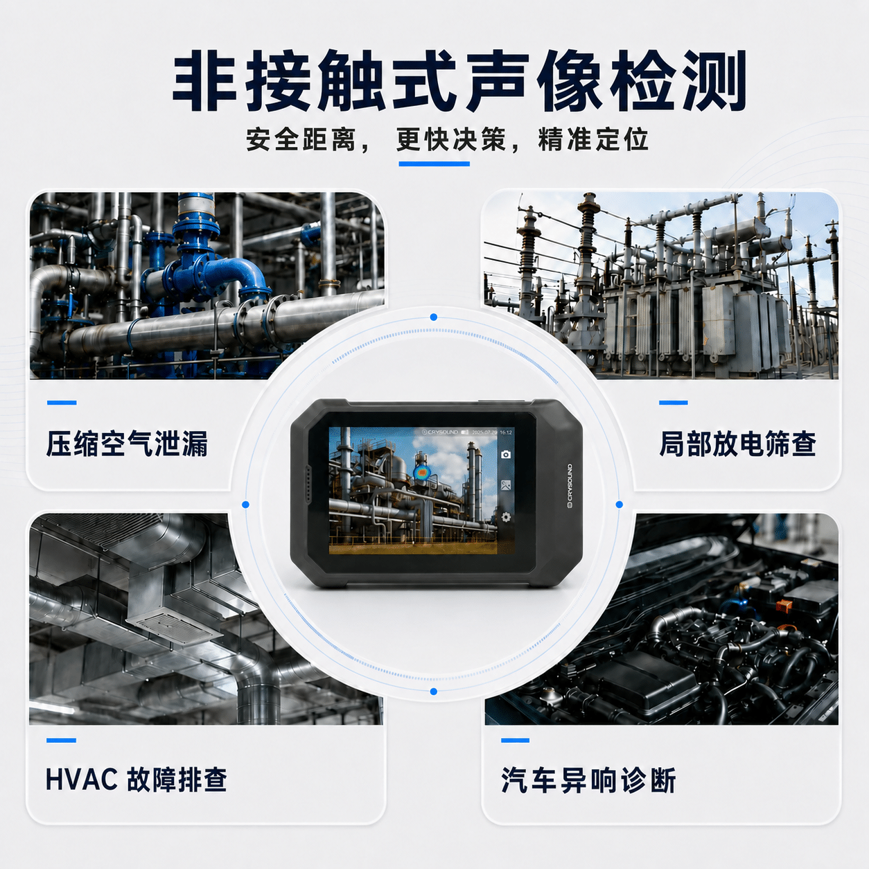 声学成像巡检可覆盖泄漏、局放筛查、HVAC 故障排查和异常噪声定位。