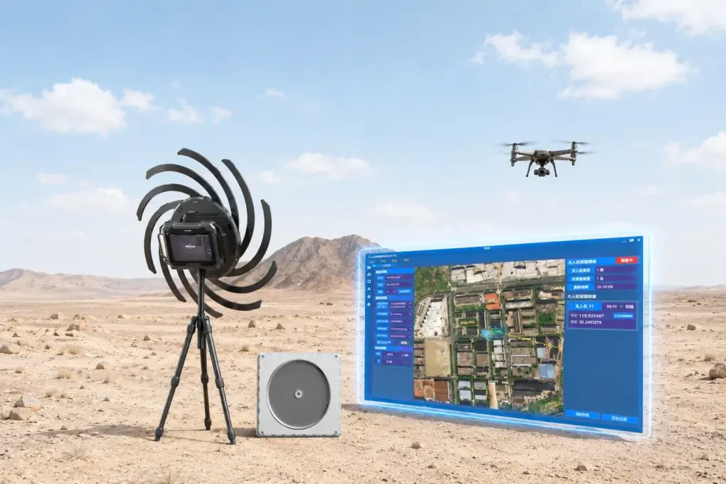 crysound-drone-acoustic-detection-solution - 兆华电子CRYSOUND:声学测试专家 - 测量美好声音 图片展示兆华电子无人机声学探测产品组合,包括手持式声像派设备、固定式声学探测模块和平台界面,可用于低空无人机声源定位、告警显示与区域安全监测。