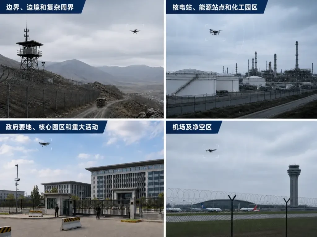 drone-acoustic-detection-application-scenarios - 兆华电子CRYSOUND:声学测试专家 - 测量美好声音 图片展示边界边境、能源化工园区、政府园区和机场净空区等无人机声学探测应用场景,体现低空无人机监测方案在重点区域安防预警中的部署价值。