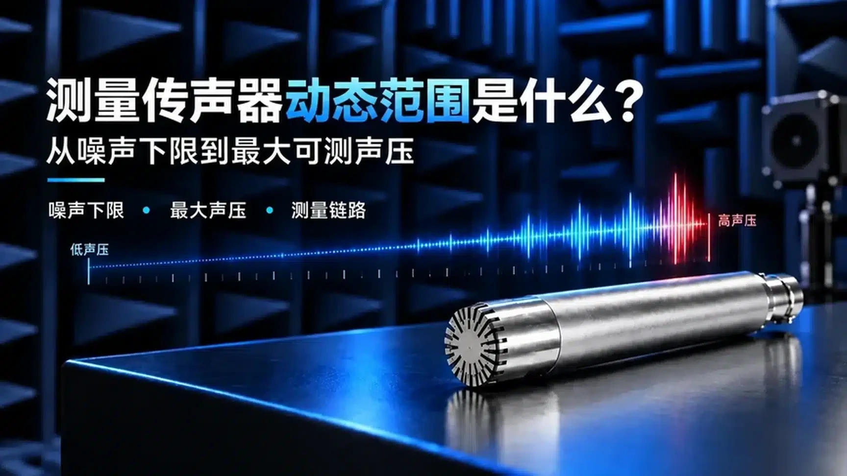 测量传声器动态范围概念解读封面，展示噪声下限、最高有效测量声压与系统量程之间的关系